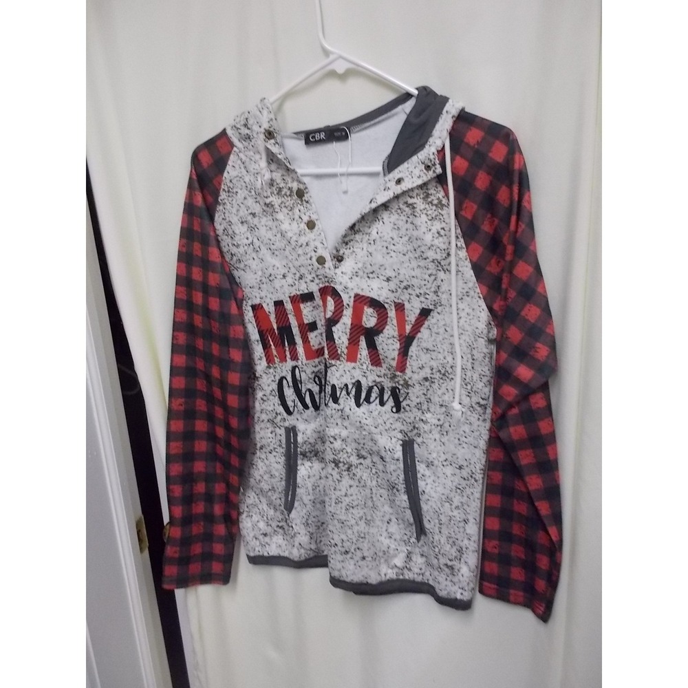 CBR Merry Christmas Hoodie Womens M Buffalo Plaid Raglan Sleeve Henley Hooded